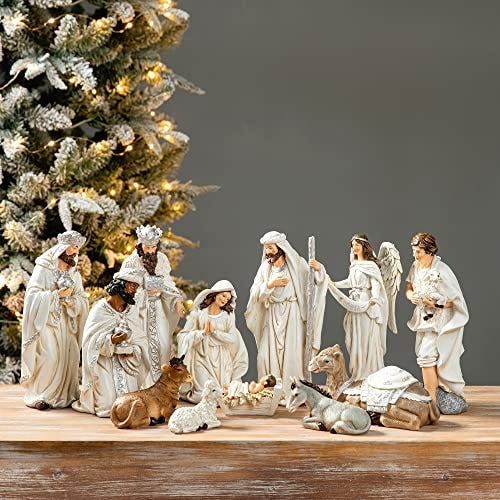 Nativity Set Intricate Sculpted Robes Elegant Mantle Decor