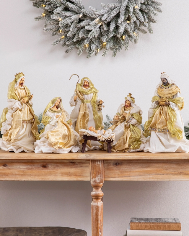Nativity Set Metallic Gold Draped Textiles Elegant Mantle Decor