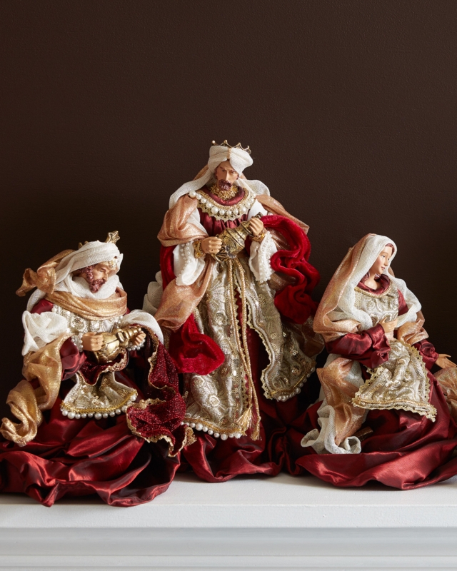 Nativity Set Pearl Beaded Trim Burgundy and Gold Ornate Magi