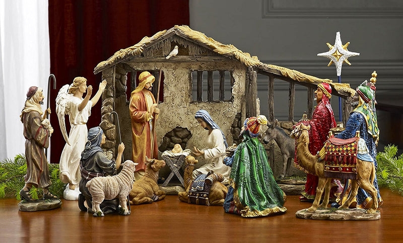 Nativity Set Realistic Figurines Thatched Stable 16 Piece Deluxe