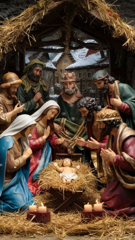 Nativity Set Snowy Village Backdrop Traditional Rustic Scene