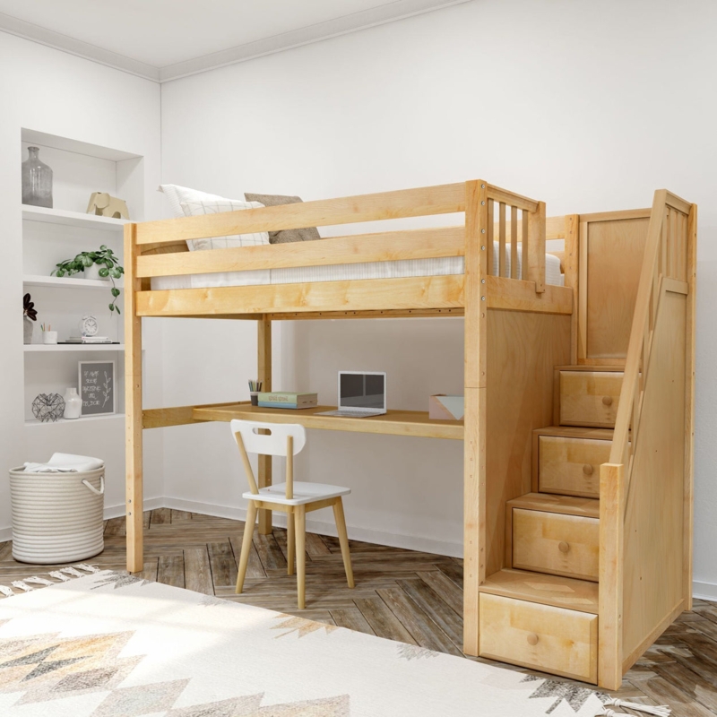 Natural Blonde Wood Loft Bed with Storage Staircase and Long Desk