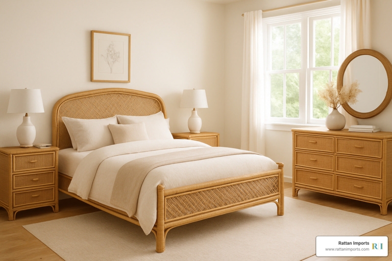 Natural Rattan Bedroom Set with Arched Headboard and Diagonal Weave