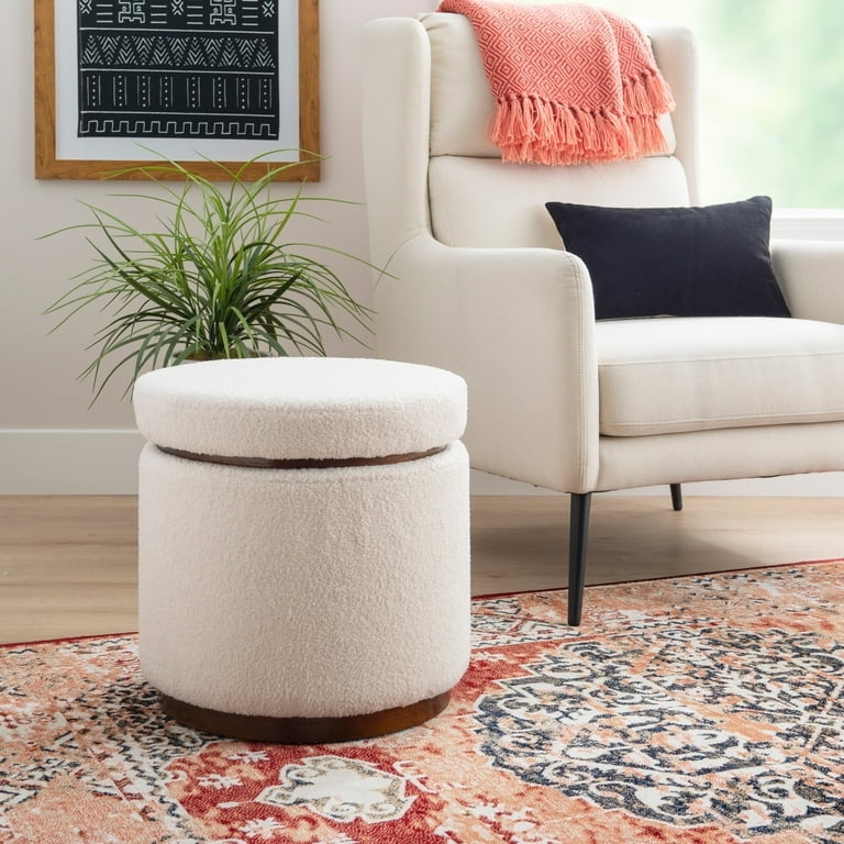 Natural Sherpa Storage Ottoman Stool with Walnut Wood Trim Base