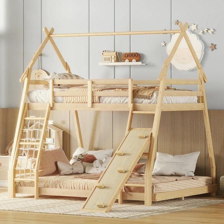 Natural Wood A-Frame Bunk Bed with Climbing Net and Ramp Slide