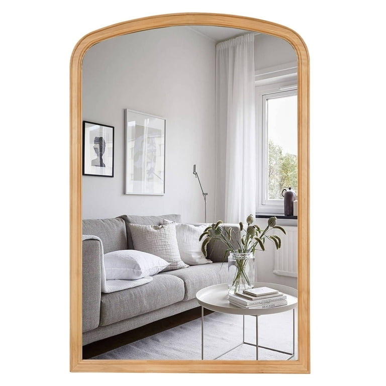 Natural Wood Arched Wall Mirror with Matte Finish for Farmhouse Decor