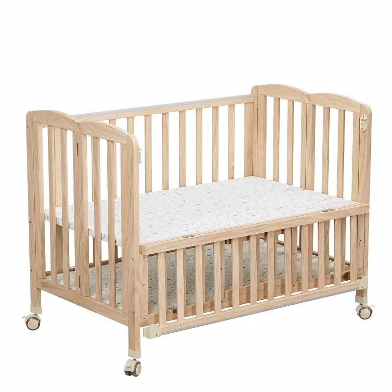 Natural Wood Baby Crib featuring Integrated Storage Shelf