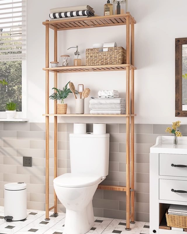 Natural Wood Bathroom Shelf: Organic Minimalist 4-Tier Slatted Storage