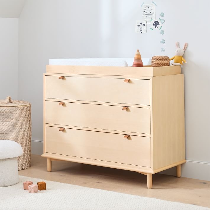 Natural Wood Changing Table: Leather Pulls, Tapered Legs, Scandi Style.