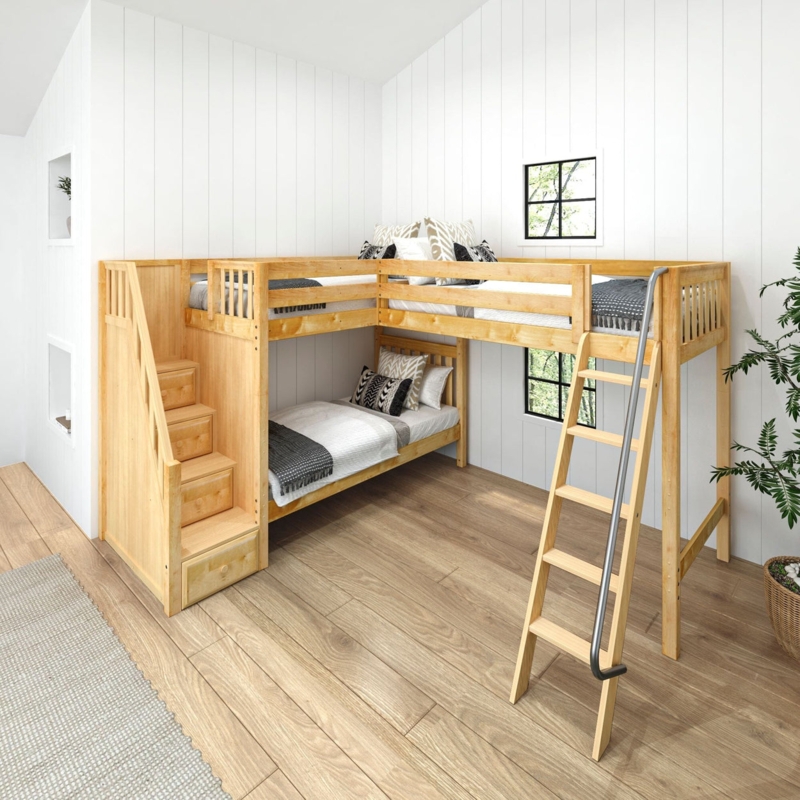 Natural Wood Corner Triple Bunk Bed with Storage Stairs