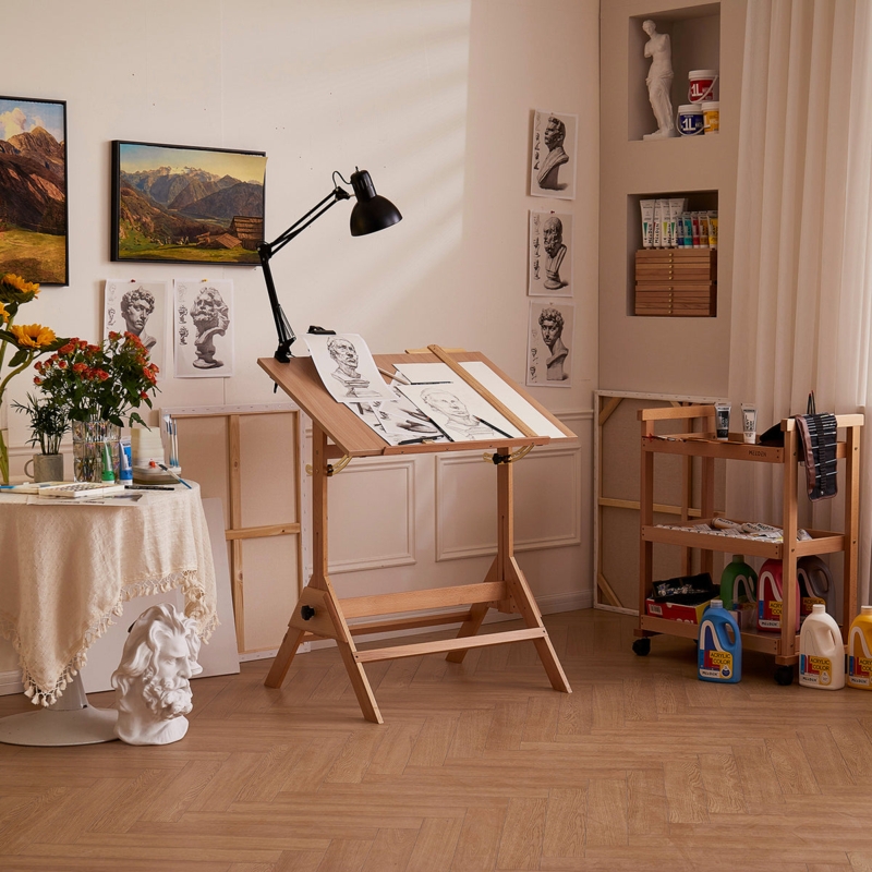 Natural Wood Drafting Table with Trestle Base and Clamping Lamp