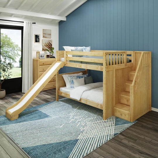 Natural Wood Full Over Full Bunk Bed with Slide and Staircase Drawers