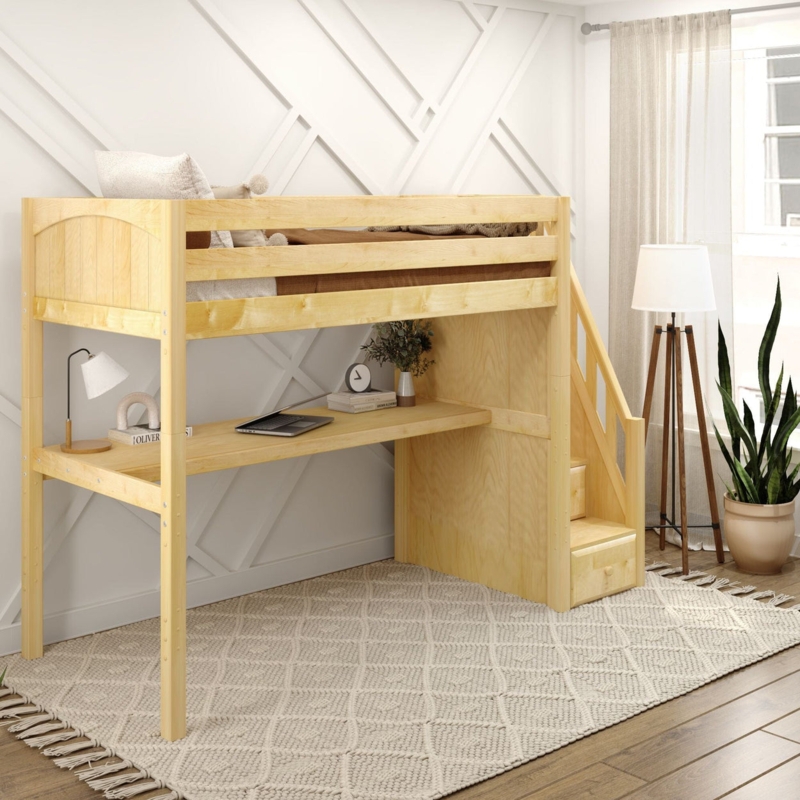 Natural Wood High Loft Bed with Integrated Staircase and Long Desk