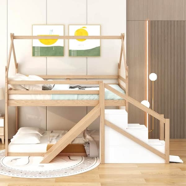 Natural Wood House Bunk Bed with Integrated Slide and Storage Stairs