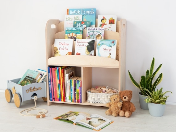 Natural Wood Kids Bookcase featuring Side Handle Cutouts