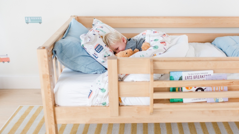 Natural Wood Toddler Bed with Built-in Book Storage