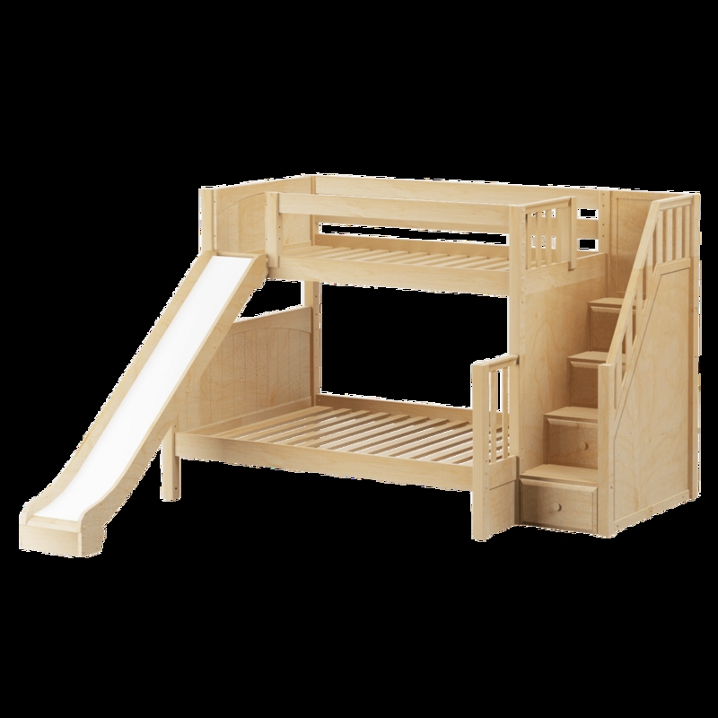 Natural Wood Twin Over Full Bunk Bed with Integrated Slide and Stairs