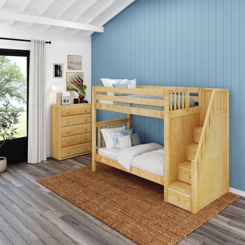 Natural Wood Twin XL Bunk Bed with Staircase Drawers