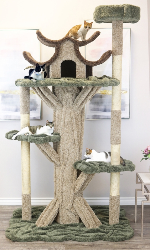 Nature Inspired Cat Condo with Pagoda Roof & Leaf Platforms
