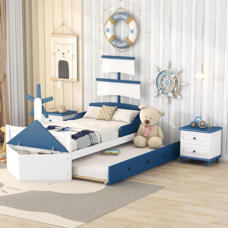 Nautical Platform Bed Ship Theme Pull Out Trundle Storage Footboard