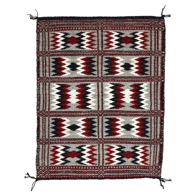 Navajo Rug Two-Faced Weave with Ruby Red Geometric Grid Border