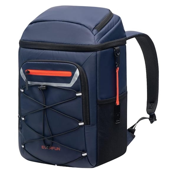 Navy Blue Backpack Cooler with Orange Accents and Front Bungee Storage