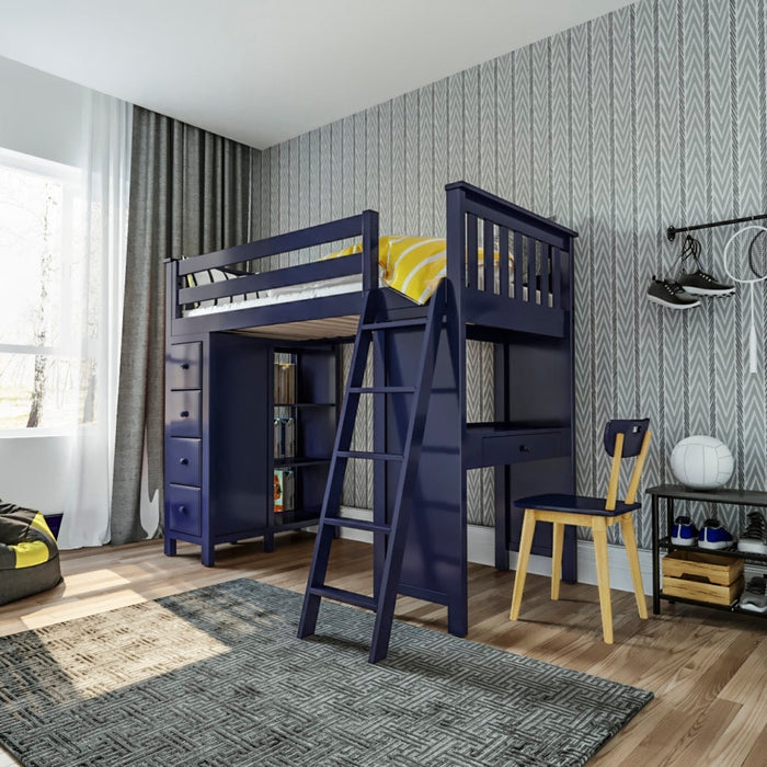 Navy Blue Loft Bed with Desk, Open Bookshelf and Angled Ladder