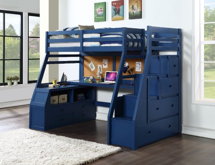Navy Blue Loft Bed with L-Shaped Workspace, Stairs, and Corkboard Panel