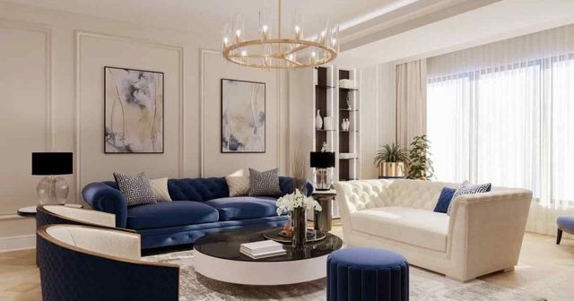 Navy Blue Velvet Sofa Living Room Set Circular Gold Chandelier