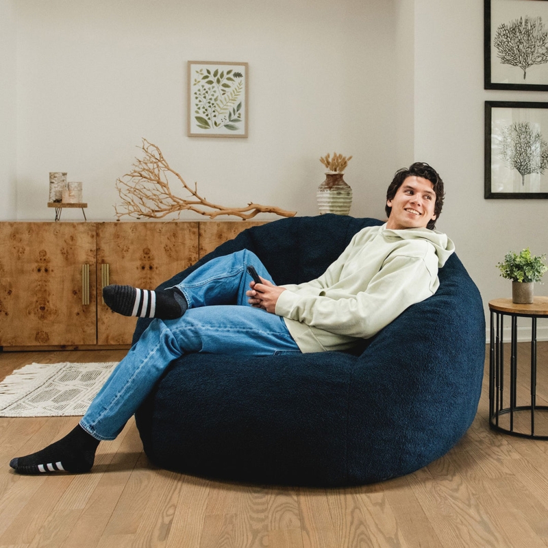 Navy Boucle Bean Bag, Oversized Round Textured Teddy Fabric Seat