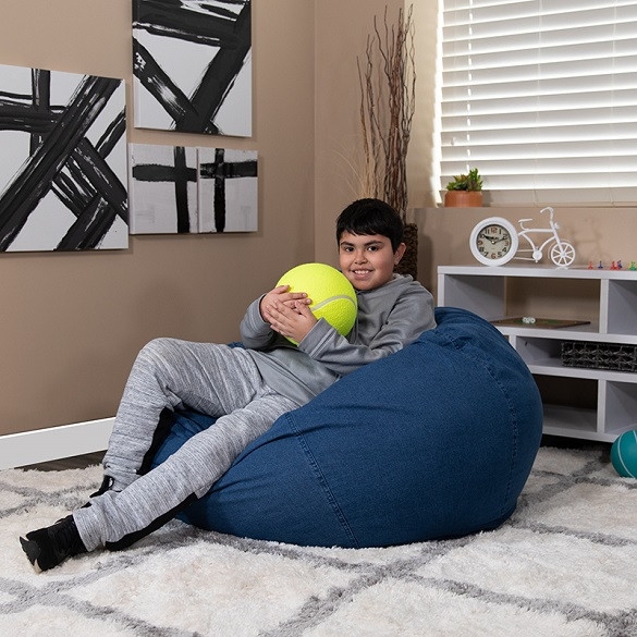 Navy Denim Bean Bag, Oversized Round Floor Pillow with Visible Seams