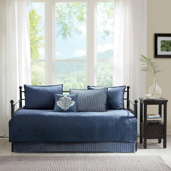 Navy Quilted Daybed Set Striped Bed Skirt Coastal Transitional