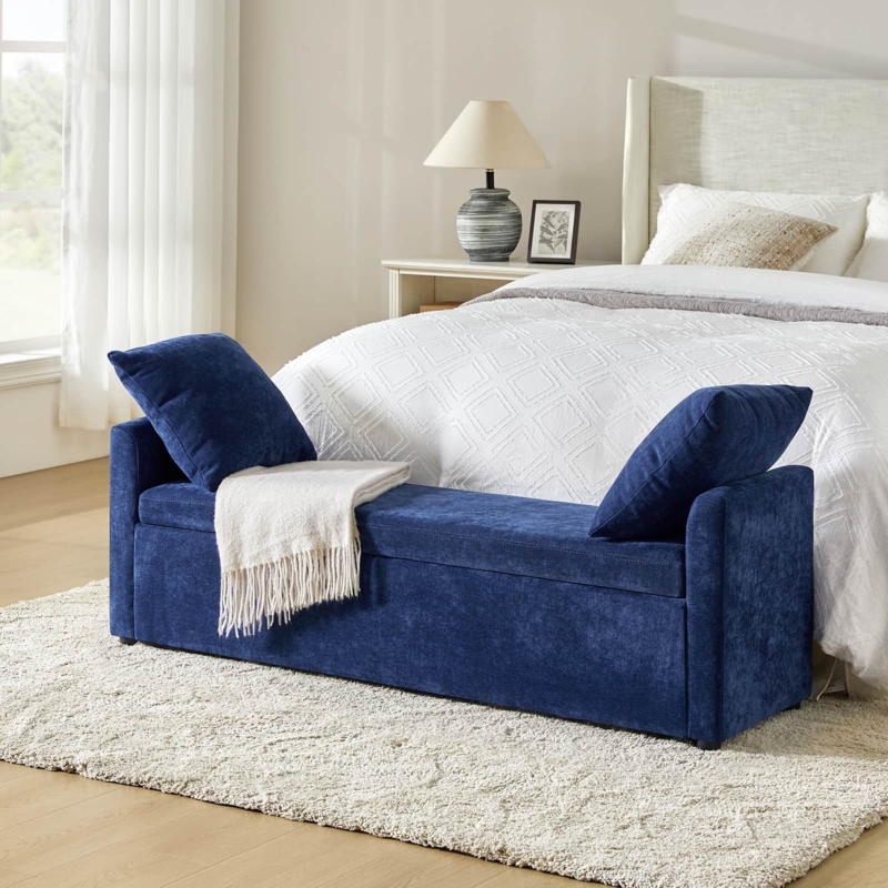 Navy Upholstered Bench with Storage and Matching Pillows