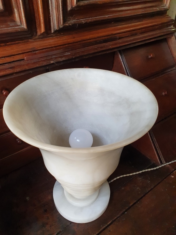 Neoclassical Alabaster Chalice Table Lamp with Braided Electrical Cord