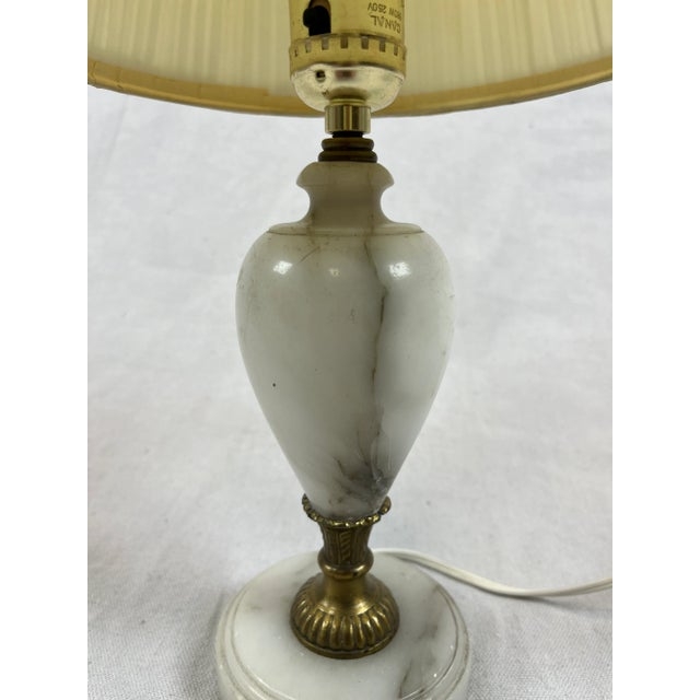 Neoclassical Alabaster Table Lamp, Fluted Brass Neck, Pleated Shade