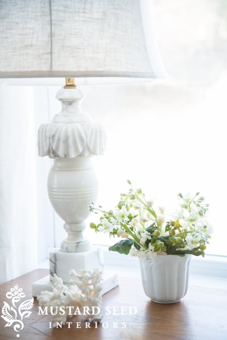 Neoclassical Table Lamp: Scalloped Marble Stone Base, Linen Drum Shade