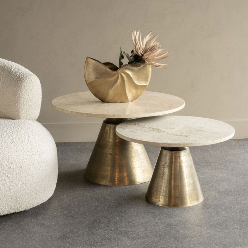 Nesting Brass Coffee Tables Stone Like Top Tapered Pedestal Base
