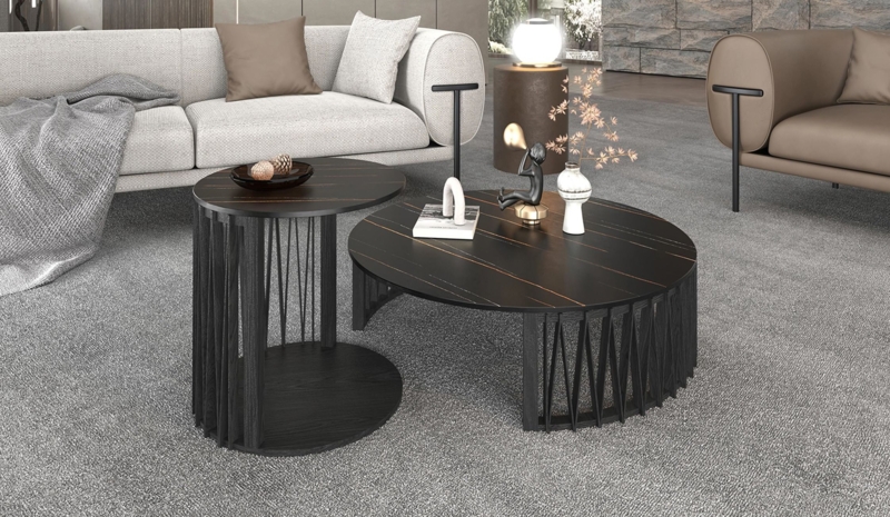 Nesting Coffee Table Set Slatted Base Golden Veined Top Architectural
