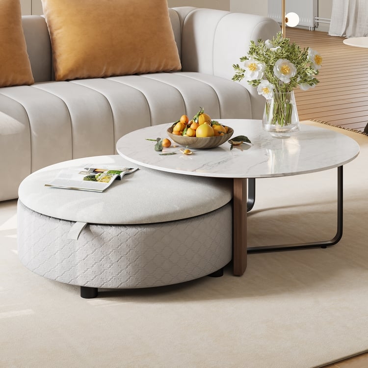 Nesting Coffee Table Sintered Stone Top with Quilted Storage Ottoman