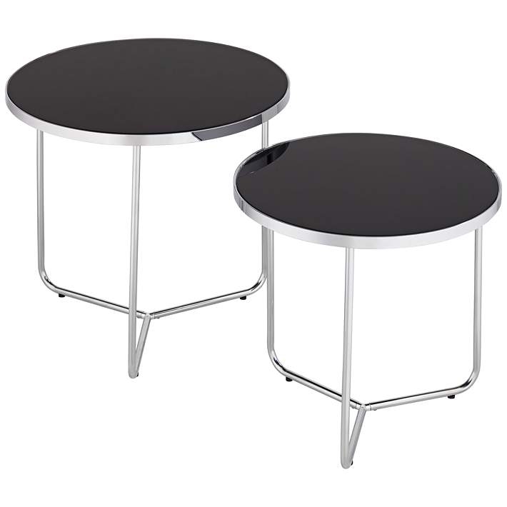 Nesting Side Tables Black Glass Tripod Metal Rim Set