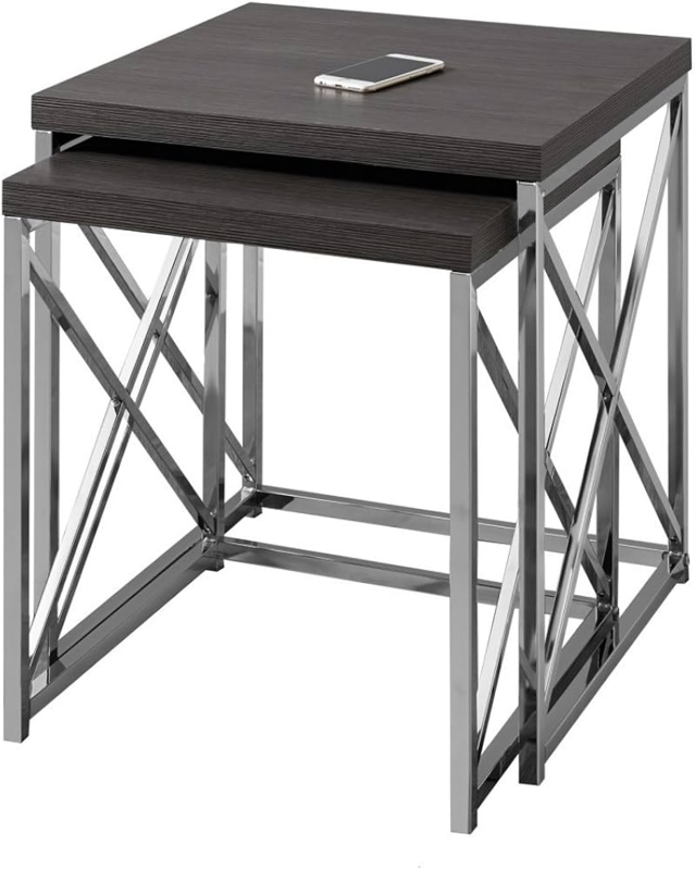 Nesting Side Tables Grey Wood Chrome X-Frame Pair