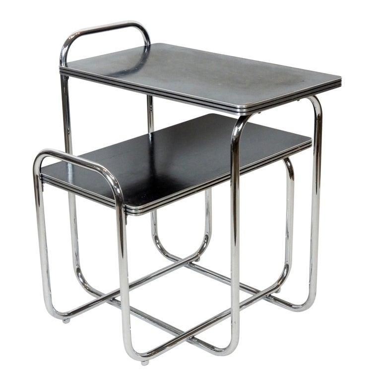 Nesting Tables Art Deco Integrated Handles Black Top Set