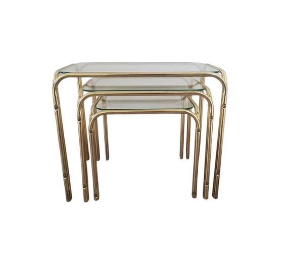 Nesting Tables Gold Tubular Glass MCM Set of Three