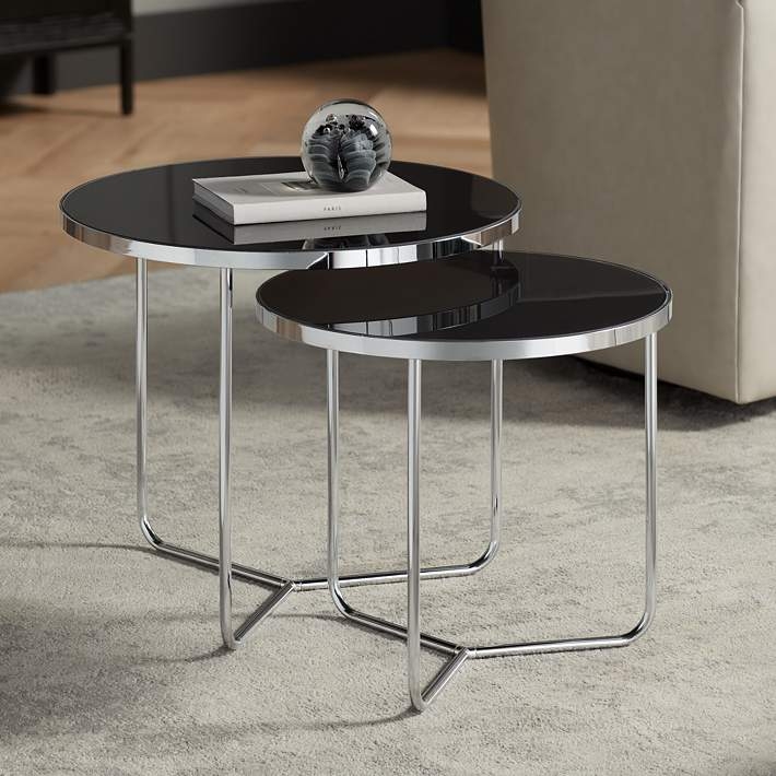Nesting Tables Modern Circular Black Glass Tripod Set