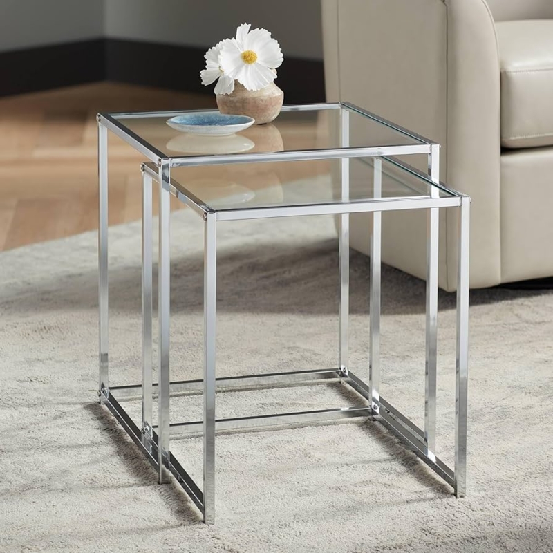 Nesting Tables Modern Square Glass Slim Metal Set