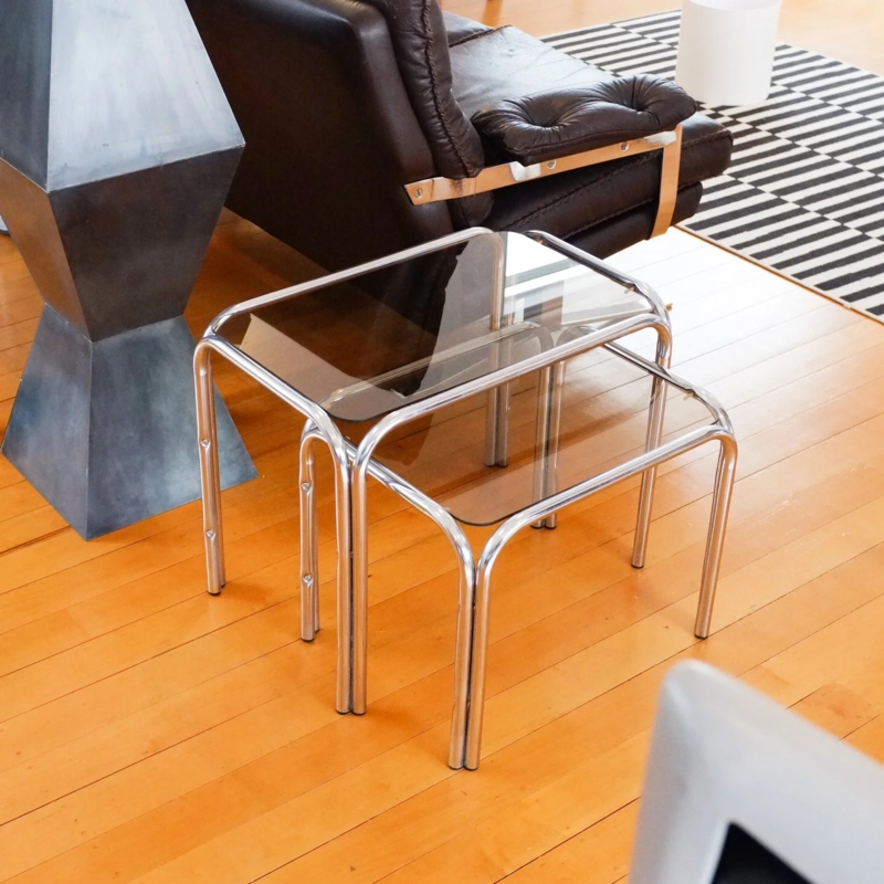 Nesting Tables Smoked Glass Tubular Chrome Curved Set
