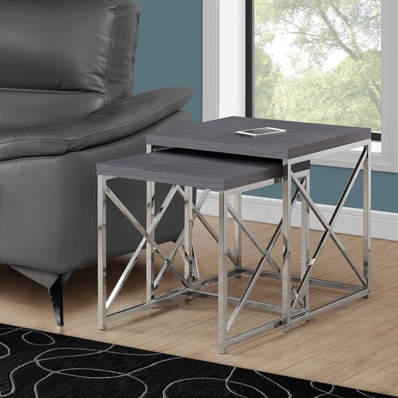 Nesting Tables Square Cool Grey X-Frame Chrome Set
