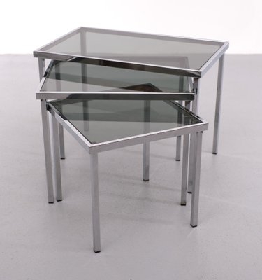 Nesting Tables Vintage Smoked Glass Set of Three Chrome