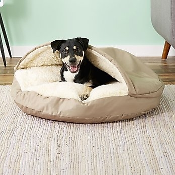 Neutral Hooded Bolster Bed in Khaki Tan with Sherpa Interior Lining