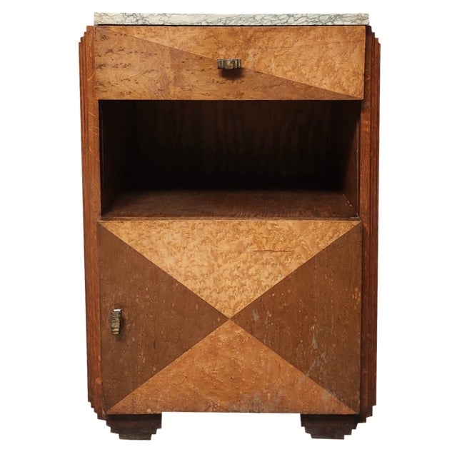 Nightstand Art Deco Geometric Marquetry Marble Top Stepped Sides